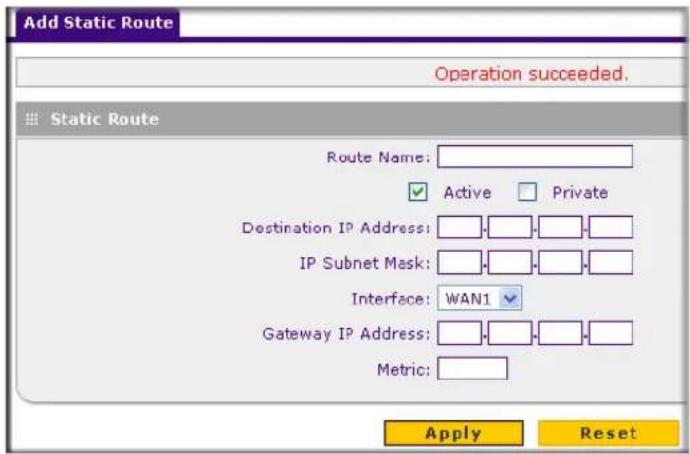 Add Static Route Operation succeeded. Static Route Route Name: ✓ Active □ Private Destination IP Address: IP Subnet Mask: Interface: WAN1 Gateway IP Address: Metric: Apply Reset