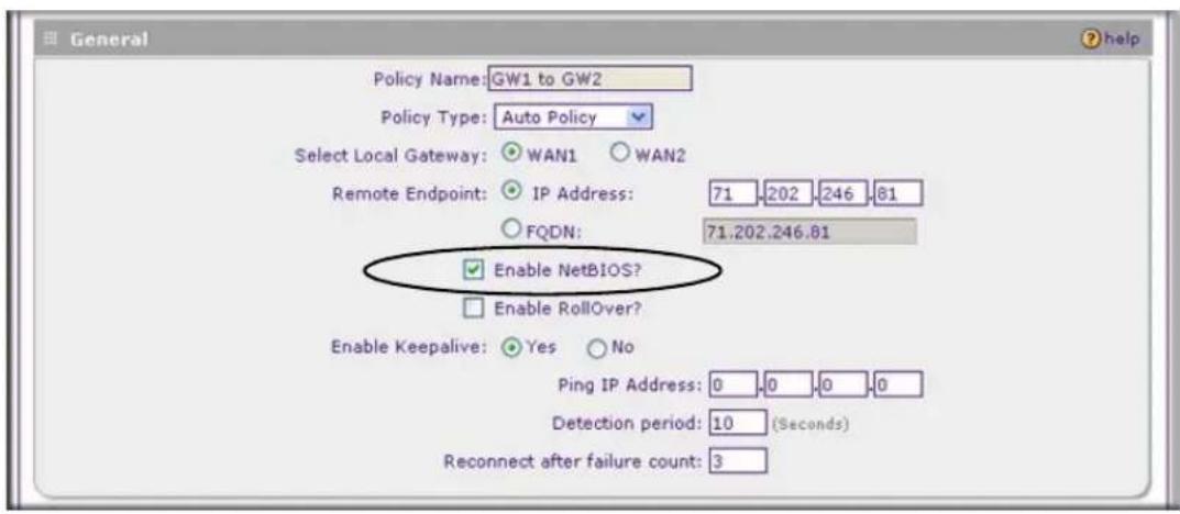 Policy Name: GW1 to GW2 Policy Type: Auto Policy Select Local Gateway: WAN1 WAN2 Remote Endpoint: IP Address: 71.202.246.81 FQDN: 71.202.246.81 Enable NetBIOS? Enable RollOver? Enable Keepalive: Yes No Ping IP Address: 0.0.0.0 Detection period: 10 (Seconds) Reconnect after failure count: 3