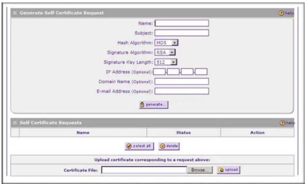 Generate Self Certificate Request Name: Subject: Hash Algorithm: MDS Signature Algorithm: RSA Signature Key Length: 512 IP Address (Optional): Domain Name (Optional): E-mail Address (Optional): generate... Self Certificate Requests help Name Status Action select all Delete Upload certificate corresp…