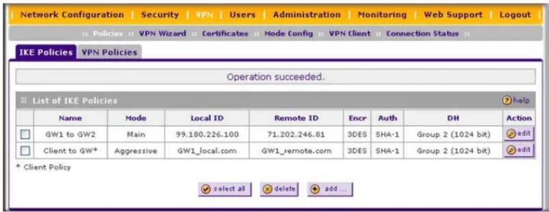 Network Configuration | Security | VPN | Users | Administration | Monitoring | Web Support | Logout | Policies | VPN Wizard | Certificates | Mode Config | VPN Client | Connection Status | IKE Policies VPN Policies Operation succeeded. List of IKE Policies Name Mode Local ID Remote ID Encr Auth DH Ac…