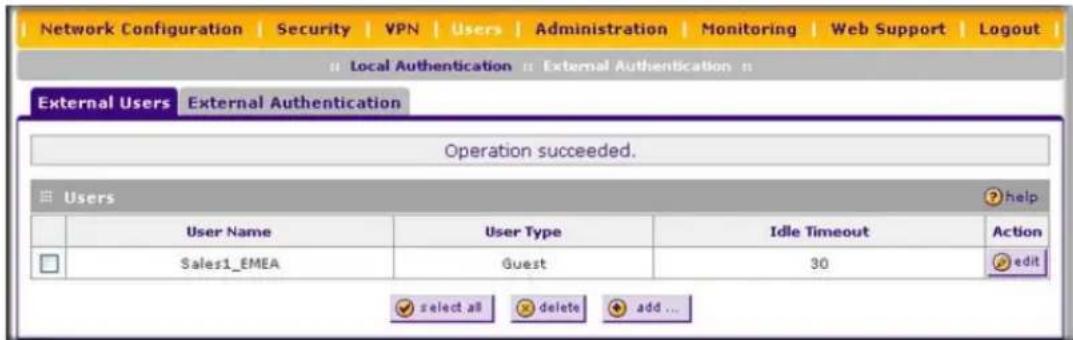 Network Configuration | Security | VPN | Users | Administration | Monitoring | Web Support | Logout | Local Authentication || External Authentication || External Users External Authentication Operation succeeded. Users User Name User Type Idle Timeout Action Sales1_EMEA Guest 30 edit select all dele…