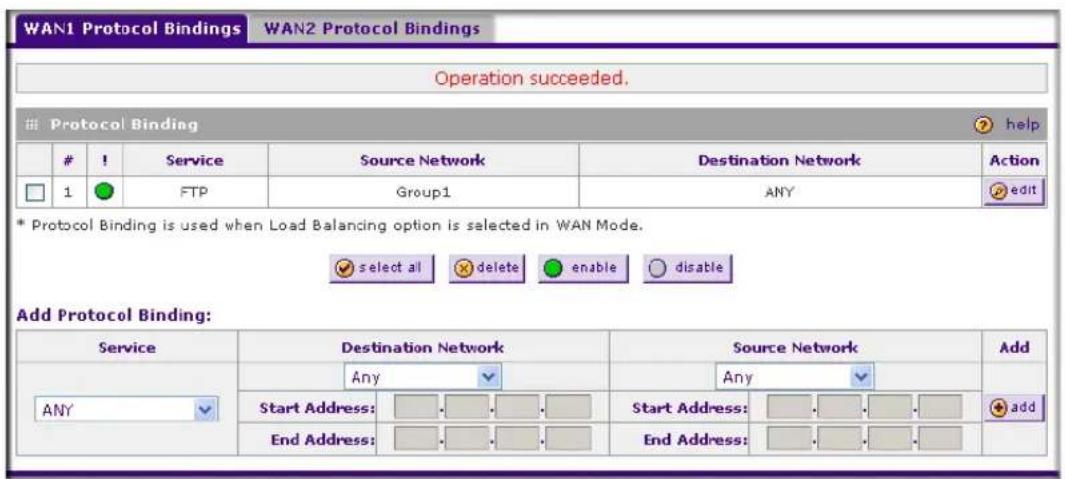 WAN1 Protocol Bindings WAN2 Protocol Bindings Operation succeeded. Protocol Binding help ! Service Source Network Destination Network Action 1 FTP Group1 ANY edit * Protocol Binding is used when Load Balancing option is selected in WAN Mode. select all delete enable disable Add Protocol Binding: Ser…
