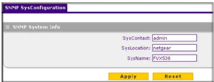 SNMP SysConfiguration SNMP System Info SysContact: admin SysLocation: netgear SysName: FVX538 Apply Reset