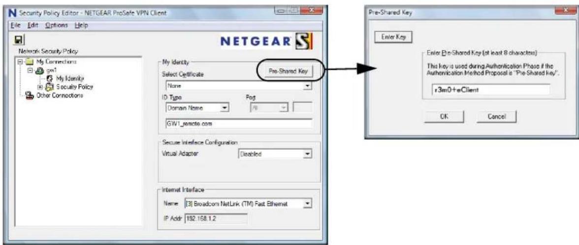 Security Policy Editor - NETGEAR ProSafe VPN Client File Edit Options Help Network Security Policy My Connections gw1 My Identity Security Policy Other Connections NETGEAR My Identity Select Certificate Pre-Shared Key None ID Type Pod Domain Name All GW1_remote.com Secure Interface Configuration Vir…