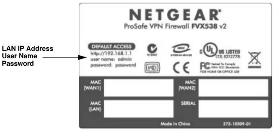 NETGEAR® ProSafe VPN Firewall FVX538 v2 DEFAULT ACCESS http://192.168.1.1 user name: admin password: password N10041 MACS RPN004-4001-02 cUL US LISTED LTE.E212778 FE Tanked To Comply: NVS FCC Standards FOR HOME OR OFFICE USE LAN IP Address User Name Password MAC (WANT) MAC (WAN2) MAC (LAN) SERIAL Ma…