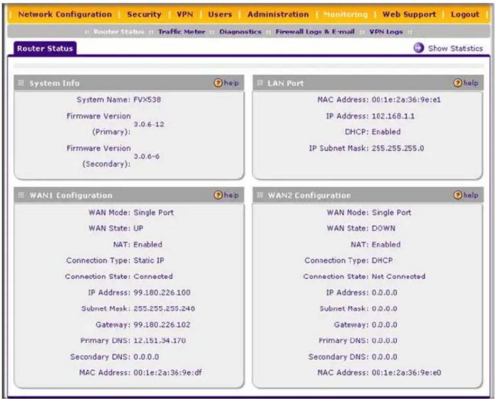 Network Configuration | Security | VPN | Users | Administration | Monitoring | Web Support | Logout | Router Status | Traffic Meter | Diagnostics | Firewall Logs & E-mail | VPN Logs | Router Status System Info System Name: FVX538 Firmware Version 3.0.6-12 (Primary): Firmware Version 3.0.6-6 (Seconda…