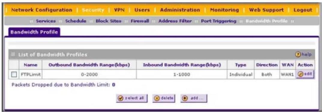 Network Configuration | Security | VPN | Users | Administration | Monitoring | Web Support | Logout | Services Schedule Block Sites Firewall Address Filter Port Triggering Bandwidth Profile Bandwidth Profile List of Bandwidth Profiles Name Outbound Bandwidth Range(kbps) Inbound Bandwidth Range(kbps)…