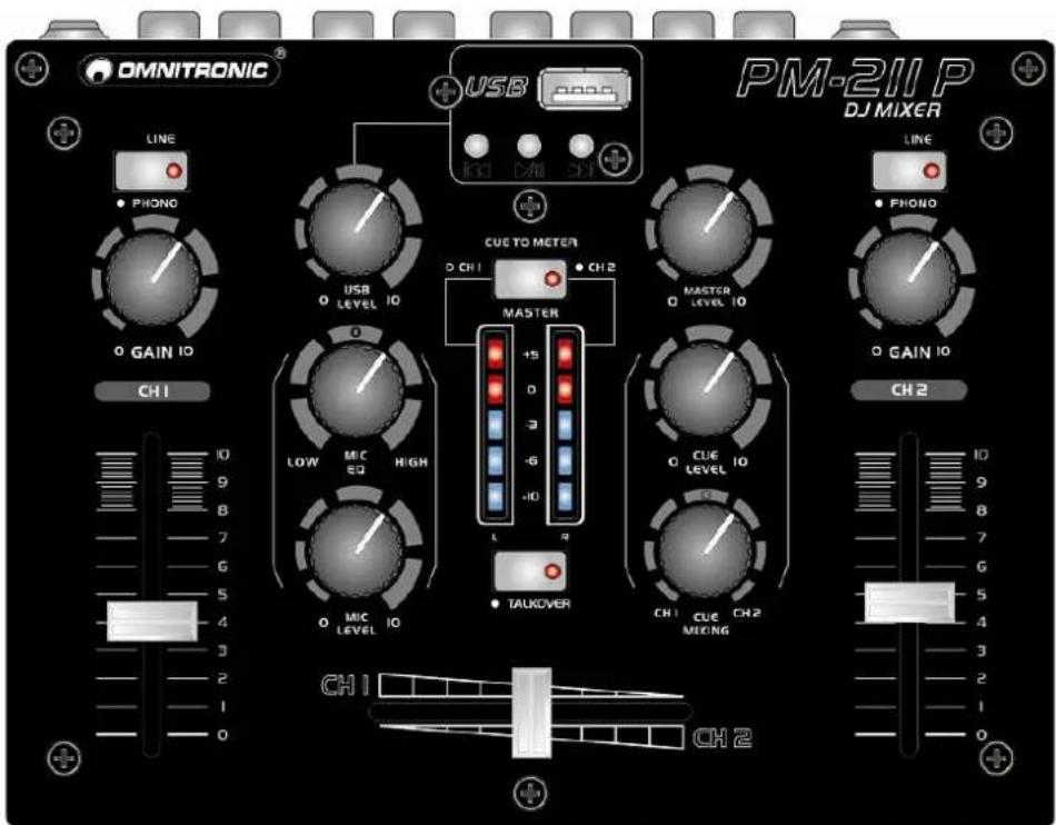 OMNITRONIC® LINE PHONO USB CH1 GAIN IO CH1 USB LEVEL IO O LOW MIC EQ HIGH O MIC LEVEL IO USB CH1 CH2 CUE TO METER O CH1 CH2 MASTER +5 -3 -6 -10 TALKOVER O CH1 CH2 CUE LEVEL IO CH1 CUE CH2 MIOING PM-211 P DJ MIXER LINE PHONO O GAIN IO CH2 CH1 CH2