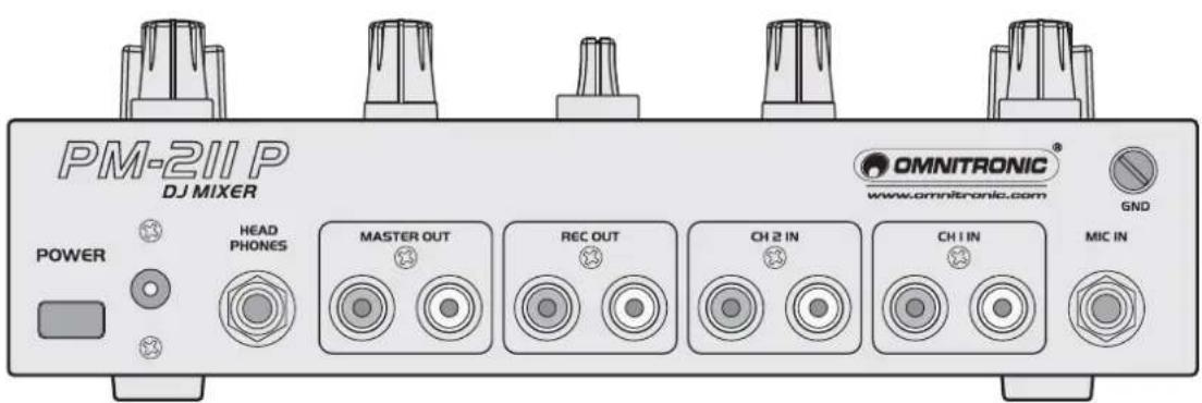PM-211 P DJ MIXER POWER HEAD PHONES MASTER OUT REC OUT CH 2 IN CH 1 IN MIC IN OMNITRONIC® www.omnitronic.com GND