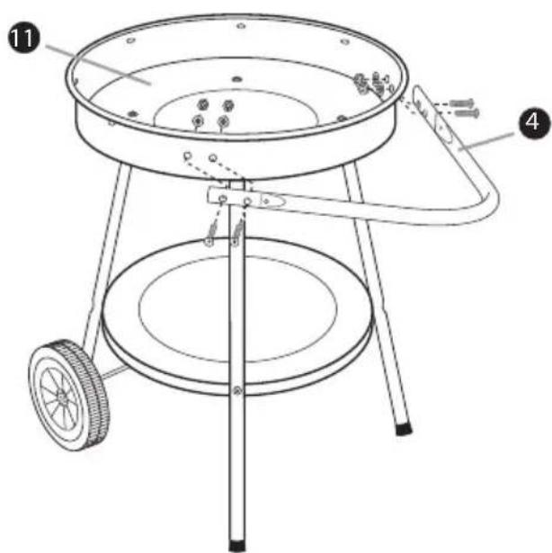 Technical diagram of a portable stove with labeled parts including a round pan, wheels, and a handle.