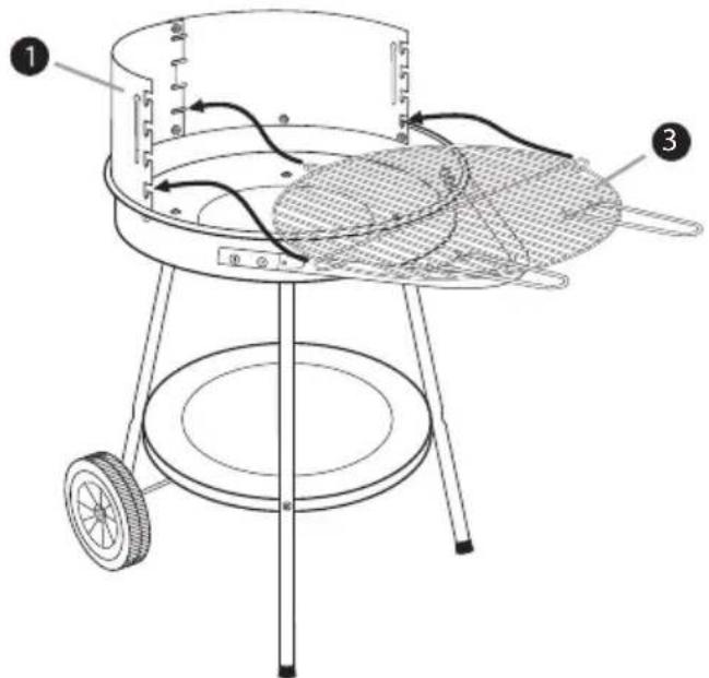 Technical diagram of a portable grill with labeled parts and directional arrows indicating motion or movement.