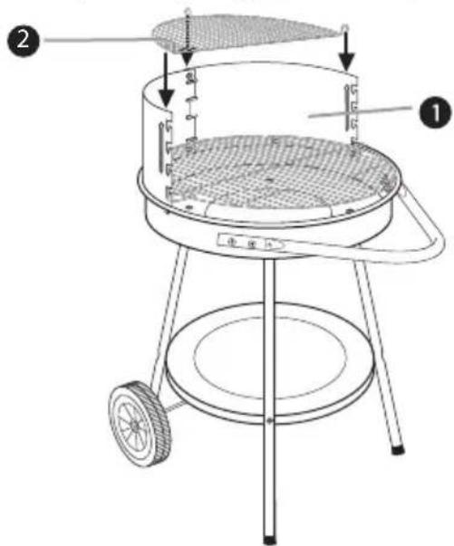 Diagram of a portable grill with labeled parts and directional arrows indicating components