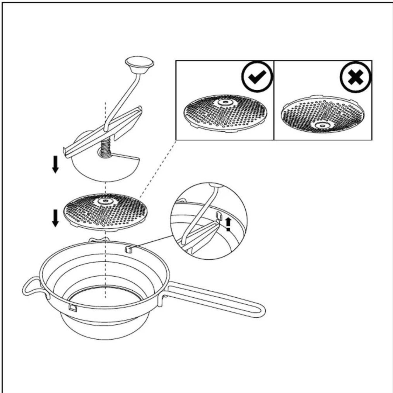 Technical diagram illustrating a kitchen pan with labeled steps and cross-sectional views for inspection.