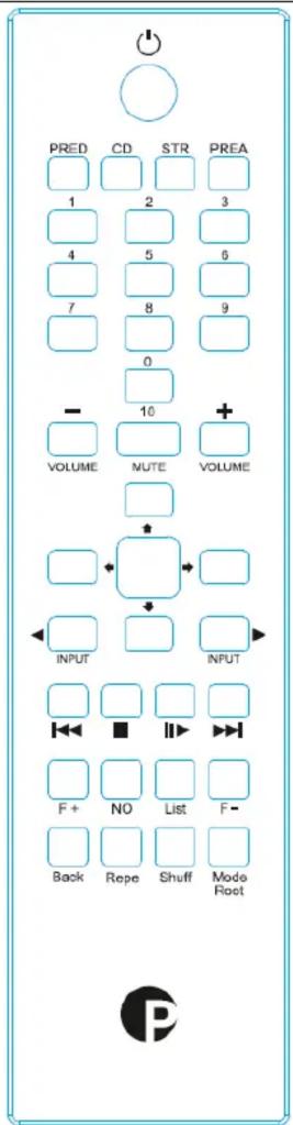 PRED CD STR PREA 1 2 3 4 5 6 7 8 9 0 - 10 + VOLUME NUTE VOLUME INPUT INPUT F + NO List F- Back Repe Shuff Mode Root P