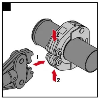Technical diagram showing mechanical assembly with labeled parts and directional arrows indicating movement or force