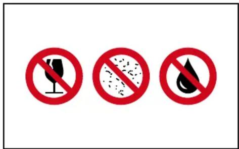 Three red prohibition signs with icons: a wine glass, a clean food item, and a droplet, all without any text.