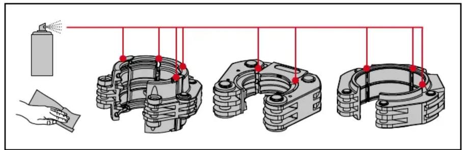 Technical diagram illustrating spray application on mechanical components with labeled parts and red spray points
