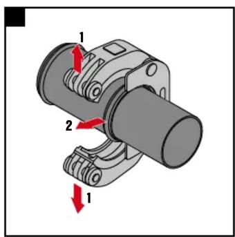 Technical diagram of a mechanical component with numbered parts and red directional arrows indicating motion or force.