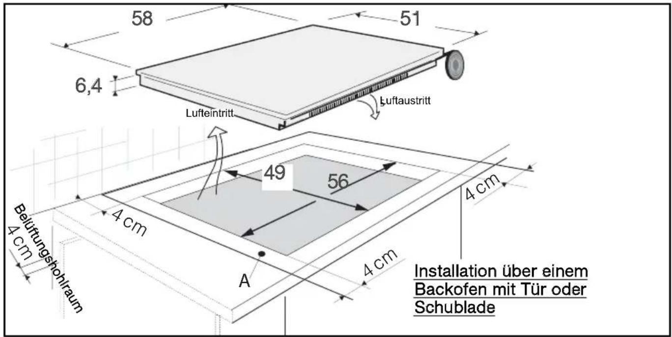 58 6,4 Lufteintritt 51 Luftaustritt 49 56 4 cm 4 cm Belüftungshohlaum 4 cm A Installation über einem Backofen mit Tür oder Schublade