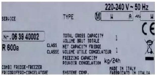 220-240 V ~ 50 Hz SERVICE TYPE M W A M W Nr. 06 39 40002 R 600a CLASS CLASSE TOTAL GROSS CAPACITY VOLUME BRUT TOTALE MET CAPACITY FRIDGE VOLUME UTILE CONGELATEUR 1 FREEZING CAPACITY POUVOIR CONGELATION kg/24h COMB1 FRIDGE-FREEZER FRICORIFERO-CONGELATORE SYSTEME COMP. MADE IN ITALY FABRICATO IN ITALIA