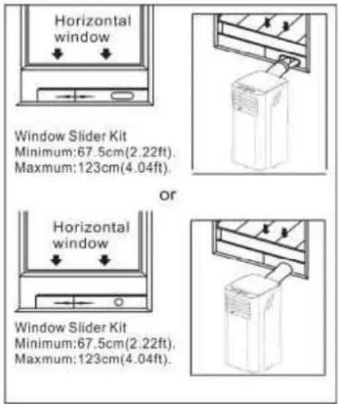 Horizontal window Window Slider Kit Minimum:67.5cm(2.22ft). Maximum:123cm(4.04ft). or Horizontal window Window Slider Kit Minimum:67.5cm(2.22ft). Maximum:123cm(4.04ft).