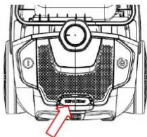 Technical diagram of a vehicle's front and rear engine compartment with labeled parts and a red arrow pointing to the lower section.