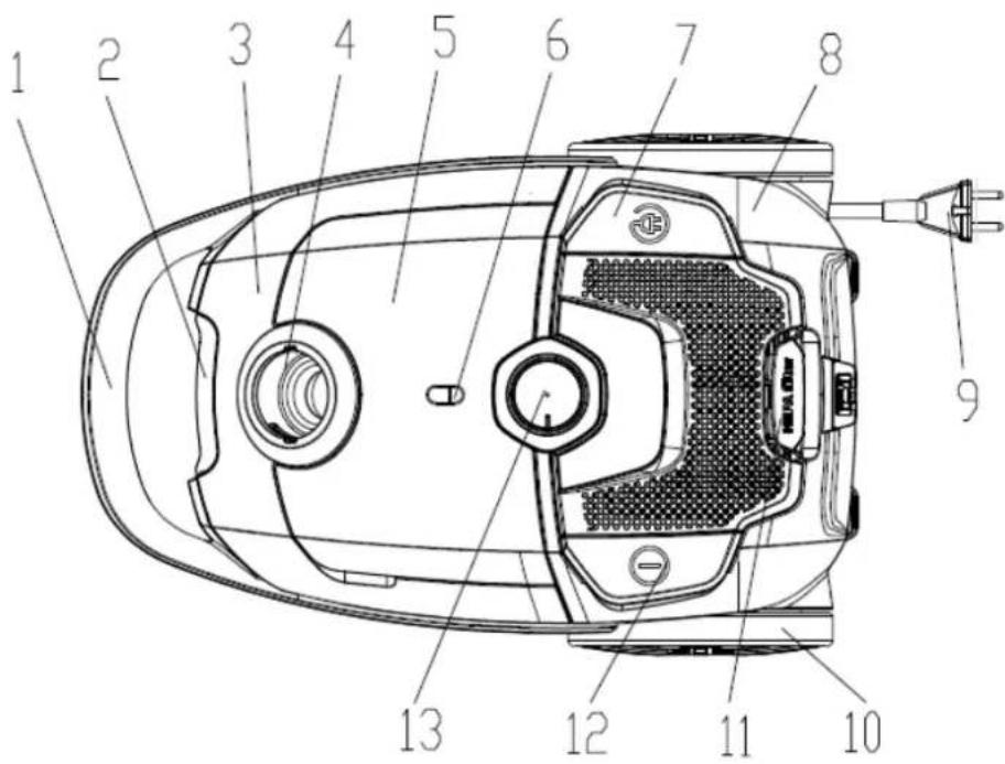 Technical diagram of a washing machine with numbered parts for identification