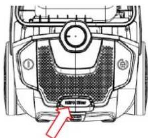 Technical diagram of a vehicle's front and rear engine compartment with labeled parts and a red arrow pointing to the lower section.