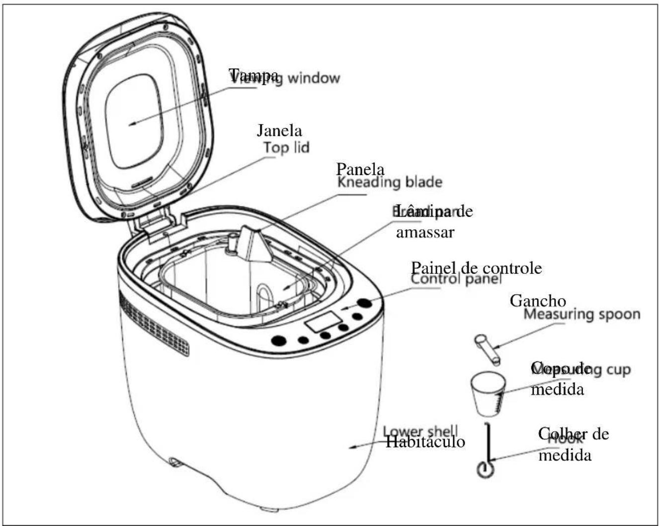 Tampa window Janela Top lid Panela Kneading blade Brândiparde amassar Painel de controle Control panel Gancho Measuring spoon Coupoude cup medida Colher de medida Lower shell Habitaculo