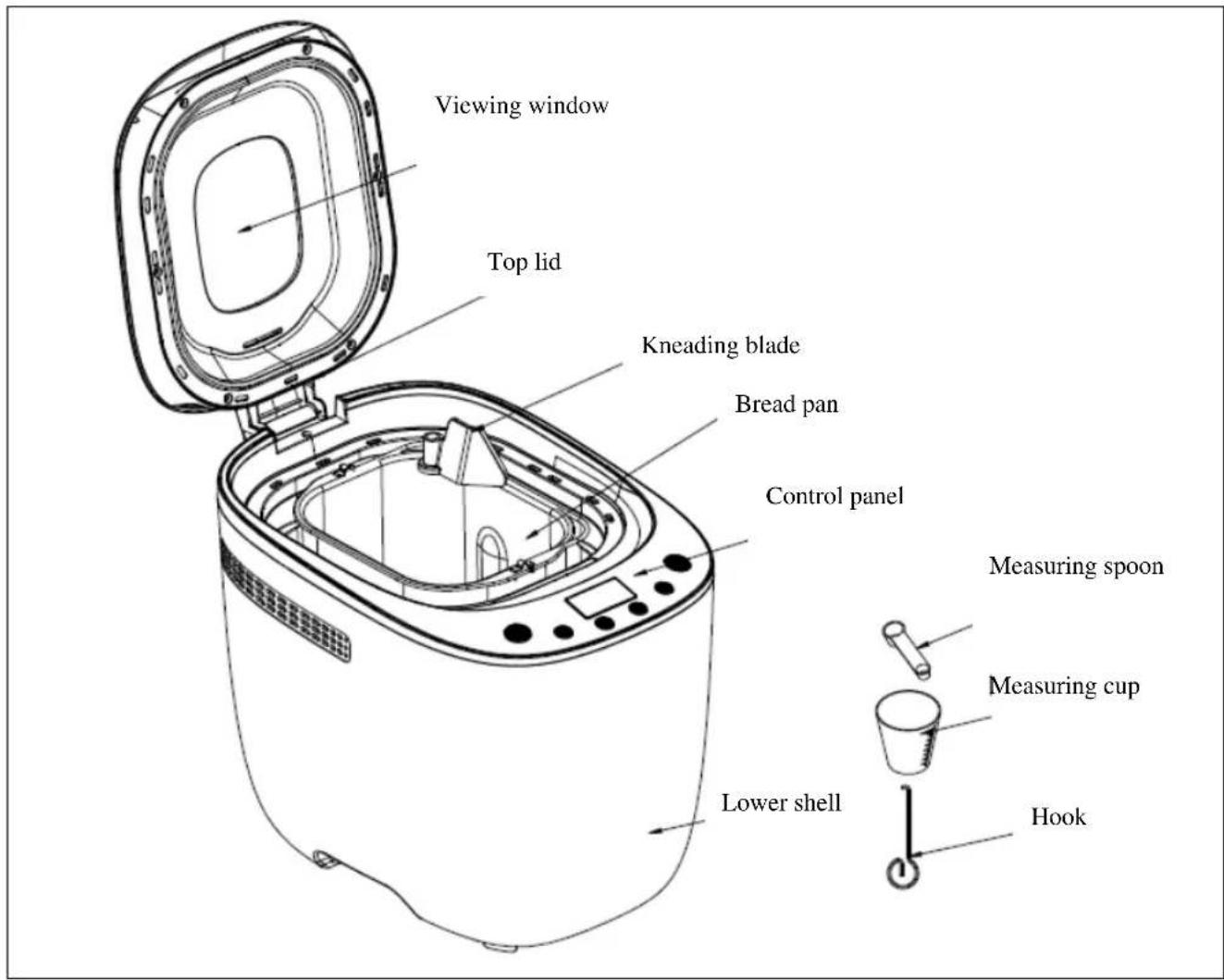 Viewing window Top lid Kneading blade Bread pan Control panel Measuring spoon Measuring cup Lower shell Hook