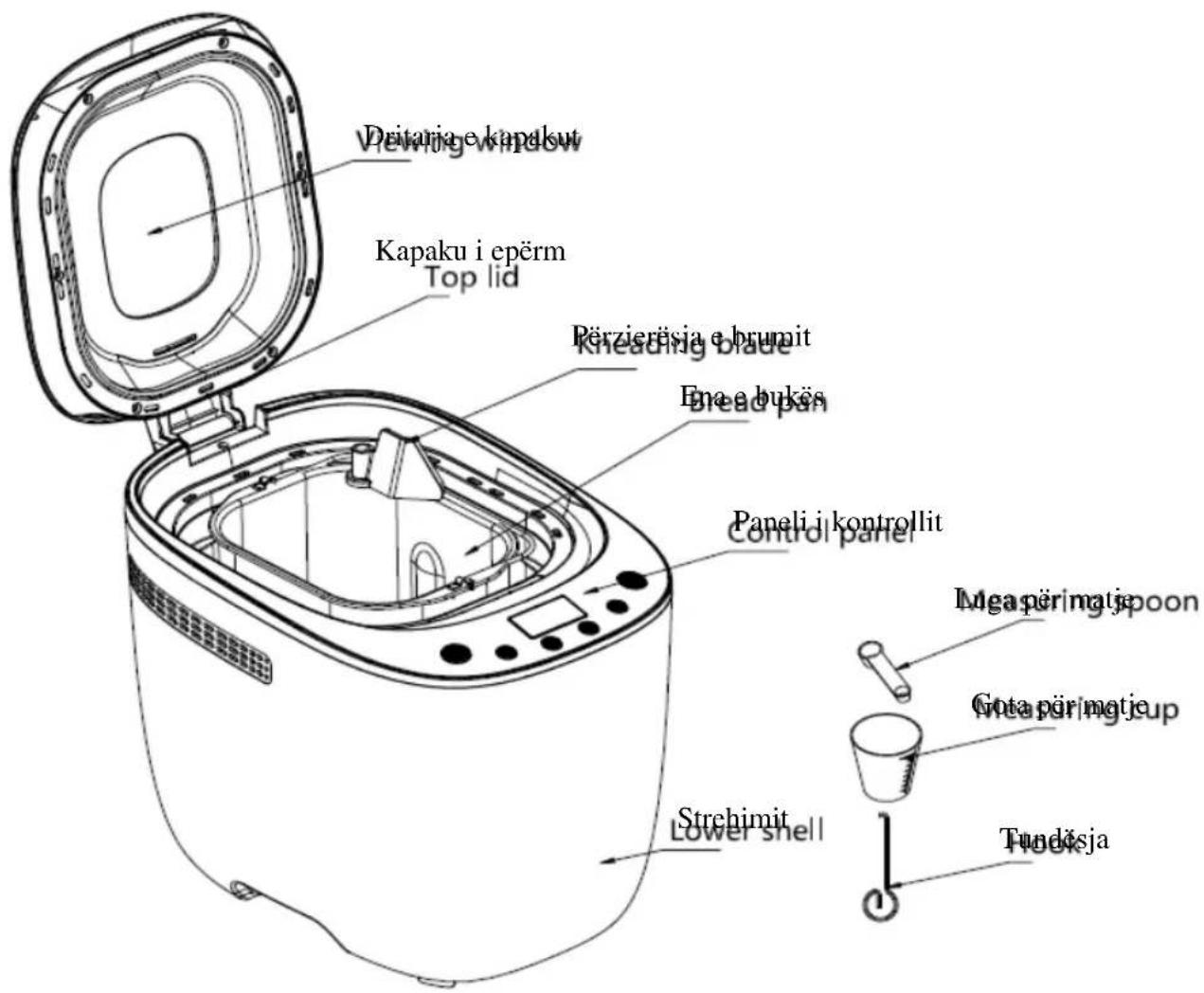 Deltarjige kapakow Kapaku i epërm Top lid Përzierësja e brumit Bread pan Enea bukös Paneli i kontrollit control panel Mga përimatje spoon Gota përimatje cup Tundësja Strehimit Lower shell
