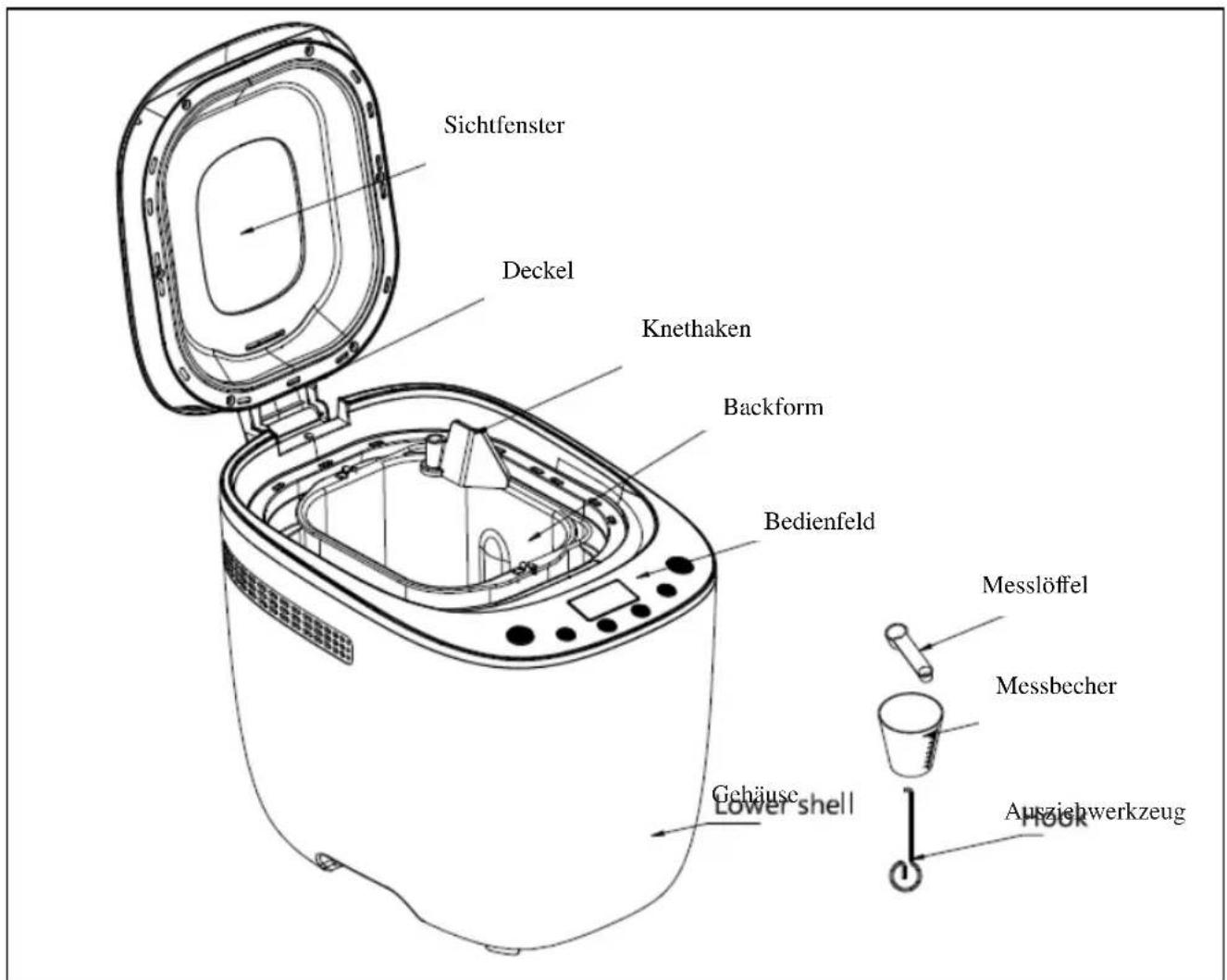 Sichtfenster Deckel Knethaken Backform Bedienfeld Messlöffel Messbecher Gehäuse Lower shell Ausziehwerkzeug