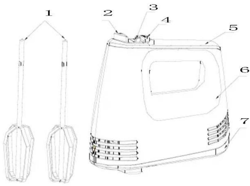 Technical diagram of a device with numbered parts, including a 3D wireframe model and a 2D rendered model.