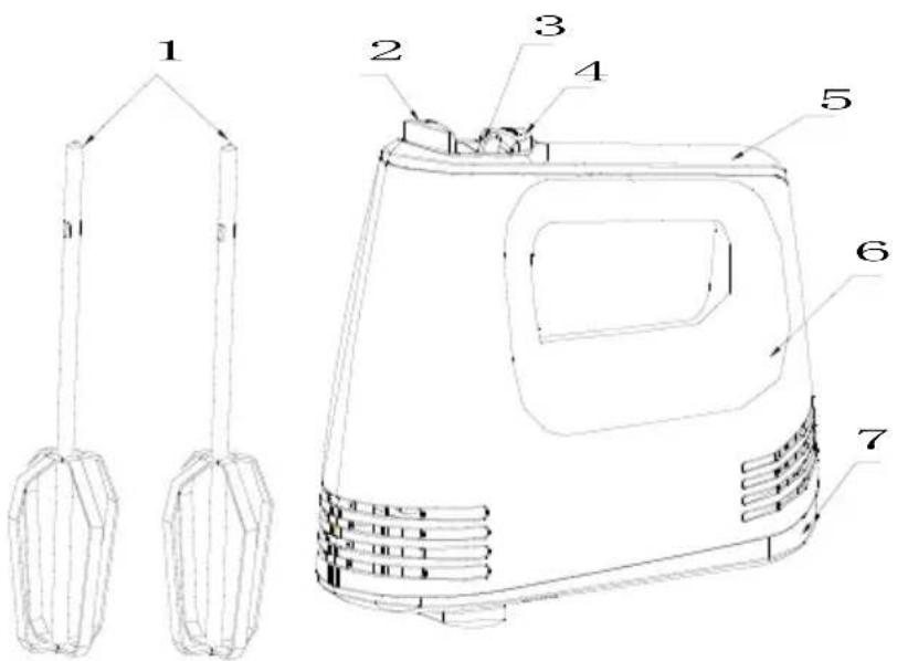 Technical diagram of a mechanical device with numbered parts labeled 1 through 7