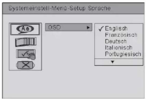 Systemeinstell-Menu-Setup Sprache Ae OSD ✓ Englisch Französisch Deutsch Italienisch Portugiesisch