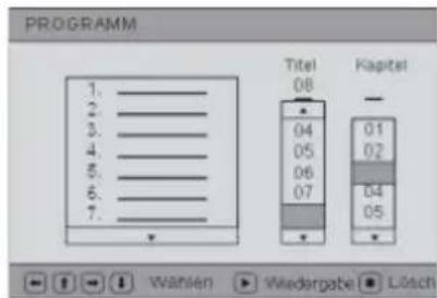 PROGRAMM 1. 2. 3. 4. 5. 6. 7. Titel Kapitel 08 04 05 06 07 01 02 04 05 Wahlen Wiedergabe Lösch