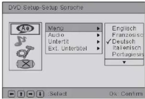 DVD Setup-Setup Sprache Ae Menu Audio Untertit Ext. Untertitel Englisch Franzosisc Deutsch Italienisch Portugiesis Select Ok Confirm