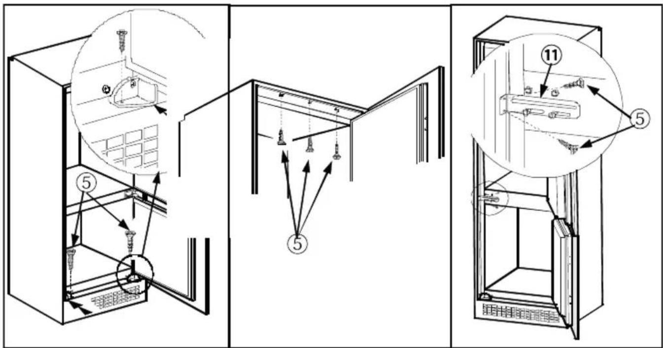 Technical diagram showing three views of a refrigerator with labeled parts and numbered annotations