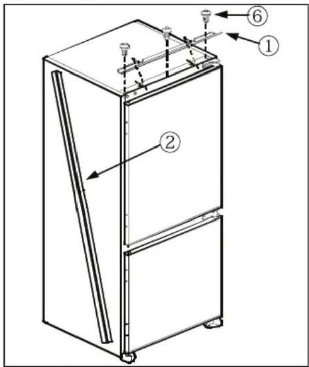 Technical diagram of a refrigerator with numbered components and labeled parts