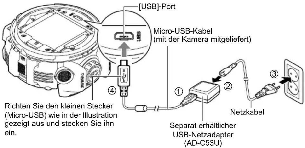 [USB]-Port Micro-USB-Kabel (mit der Kamera mitgeliefert) Richten Sie den kleinen Stecker (Micro-USB) wie in der Illustration gezeigt aus und stecken Sie ihn ein. ① ② ③ Separat erhältlicher USB-Netzadapter (AD-C53U) Netzkabel
