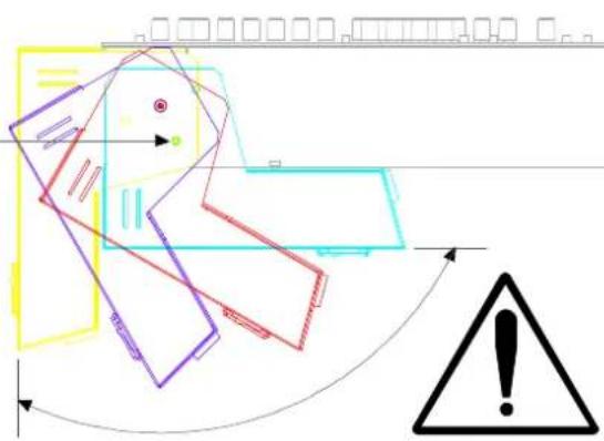 Diagram showing a warning symbol with an exclamation mark and directional arrows, likely indicating a hazard or alert scenario.