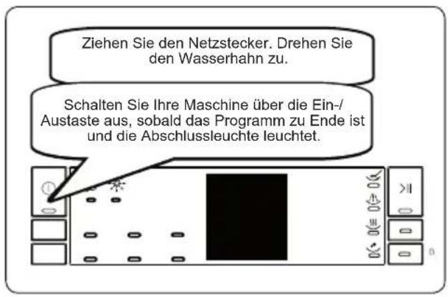 Ziehen Sie den Netzstecker. Drehen Sie den Wasserhahn zu. Schalten Sie Ihre Maschine über die Ein-/Austaste aus, sobald das Programm zu Ende ist und die Abschlussleuchte leuchtet.