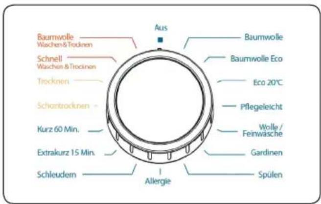 Baumwolle Waschen & Trocknen Schnell Waschen & Trocknen Trocknen Schontrocknen Kurz 60 Min. Extrakurz 15 Min. Schleudern Aus Baumwolle Baumwolle Eco Eco 20°C Pflegeleicht Wolle / Feinwäsche Gardinen Spülen Allergie