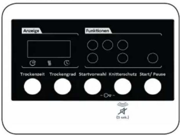 Anzeige Funktionen Trockenzeit Trockengrad Startvorwahl Knitterschutz Start/ Pause (3 sek.)