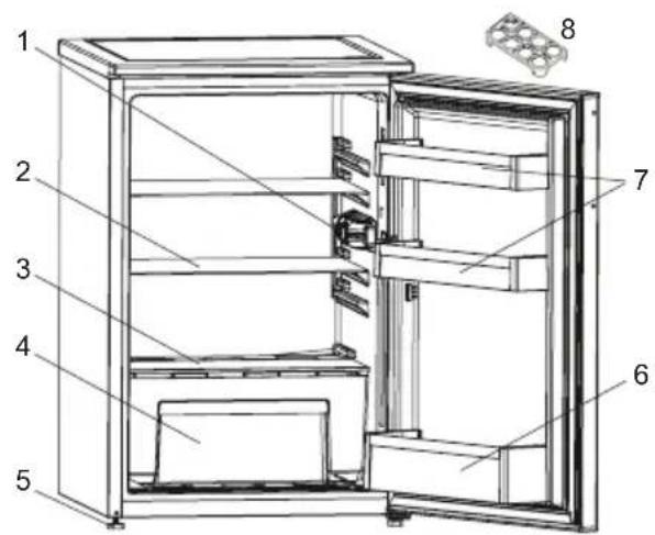 Technical diagram of an open refrigerator with numbered parts labeled for identification.