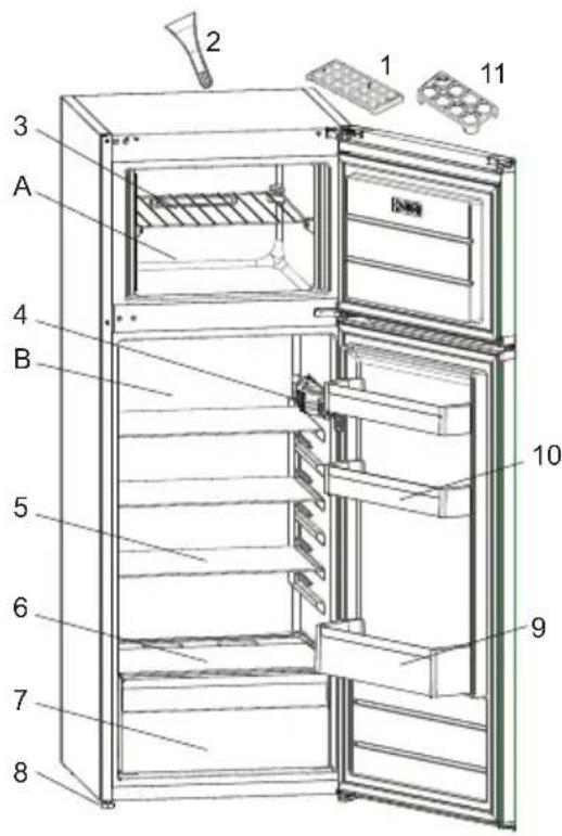 Technical diagram of a refrigerator with numbered parts for identification