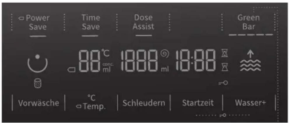 Power Save Time Save Dose Assist Green Bar 88°C conc. ml 1800 ml 18:00 Vorwäsche °C Temp. Schleudern Startzeit Wasser+