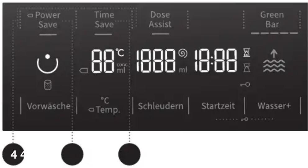 Power Save Time Save Dose Assist Green Bar Vorwäsche Time Save 80°C conc. ml 18:00 ml 18:00 Schleudern Startzeit Wasser+ 4 4
