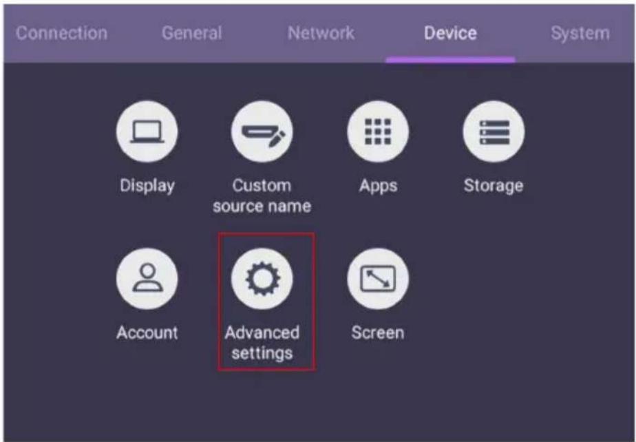 Connection General Network Device System Display Custom source name Apps Storage Account Advanced settings Screen