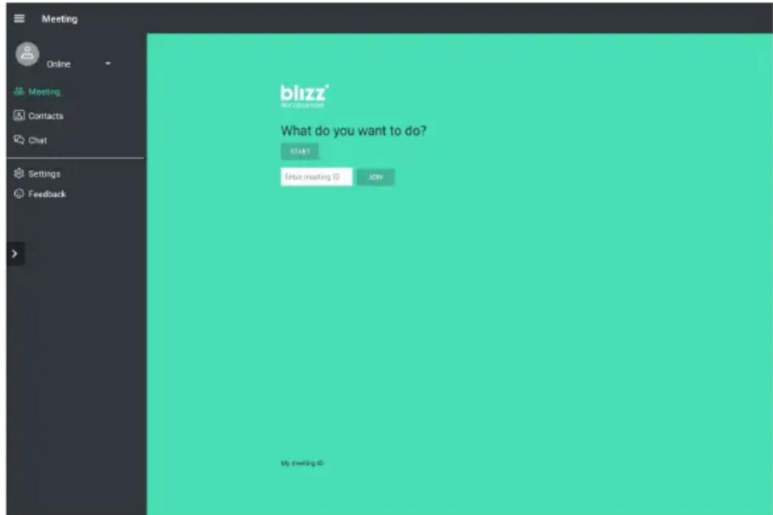 Meeting Online Meeting Contacts Chat Settings Feedback blizz® What do you want to do? START Enter (meeting ID) JINV My meeting ID